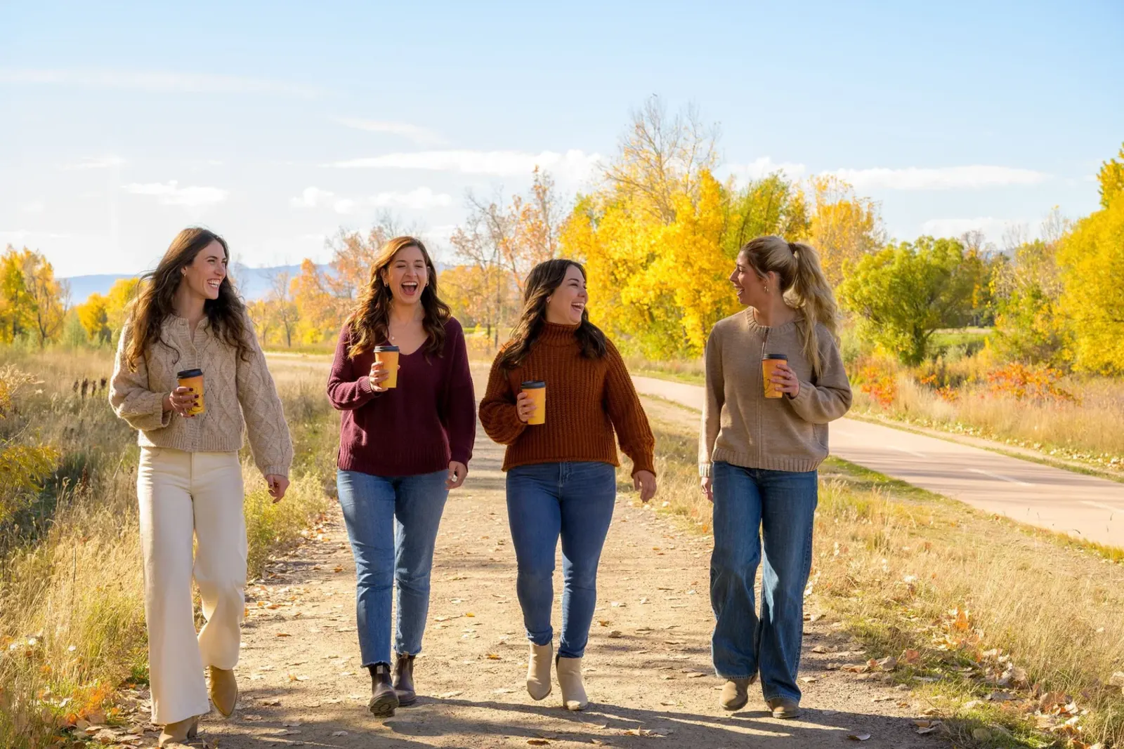 Four Recover at Home coaches walking together on a sunny trail